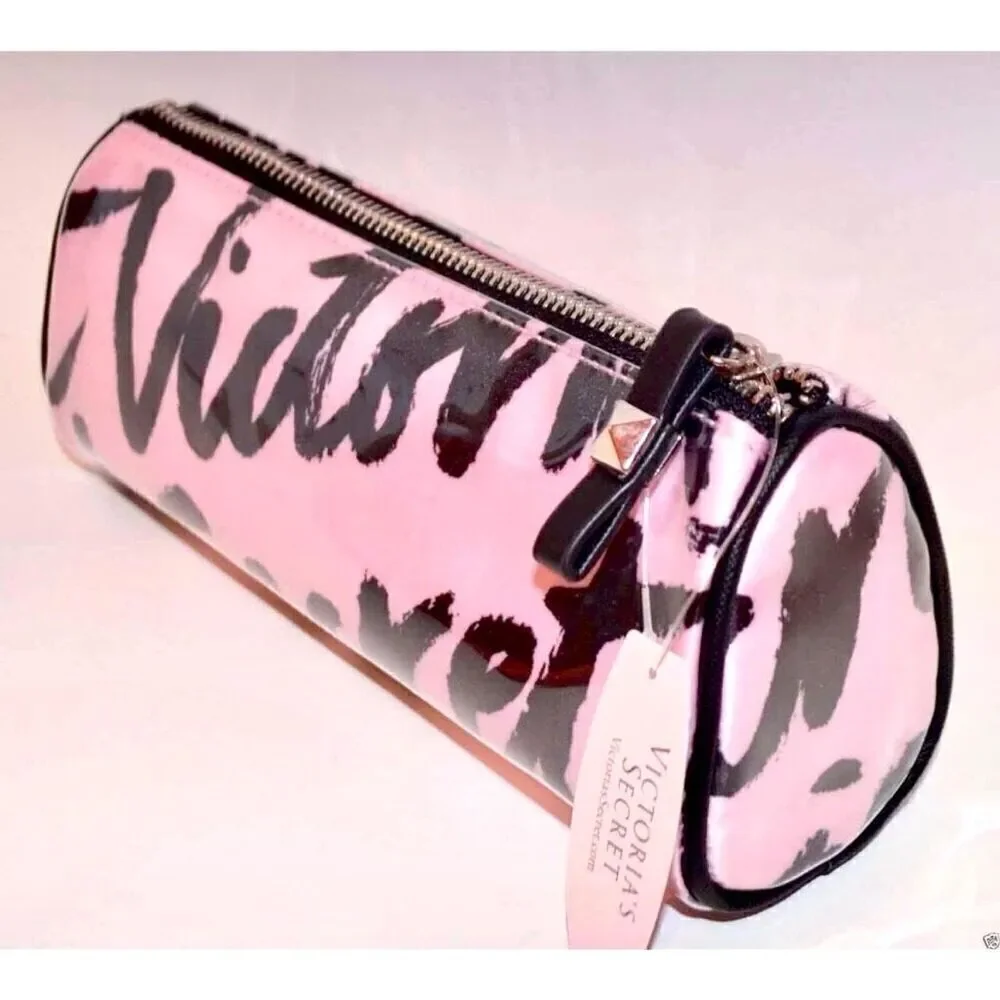 Nwt Victoria's Secret Signature Pink White Case Cosmetic Makeup Dots Lined Bag